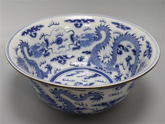 A large Chinese blue and white dragon bowl, diameter 38.5cm